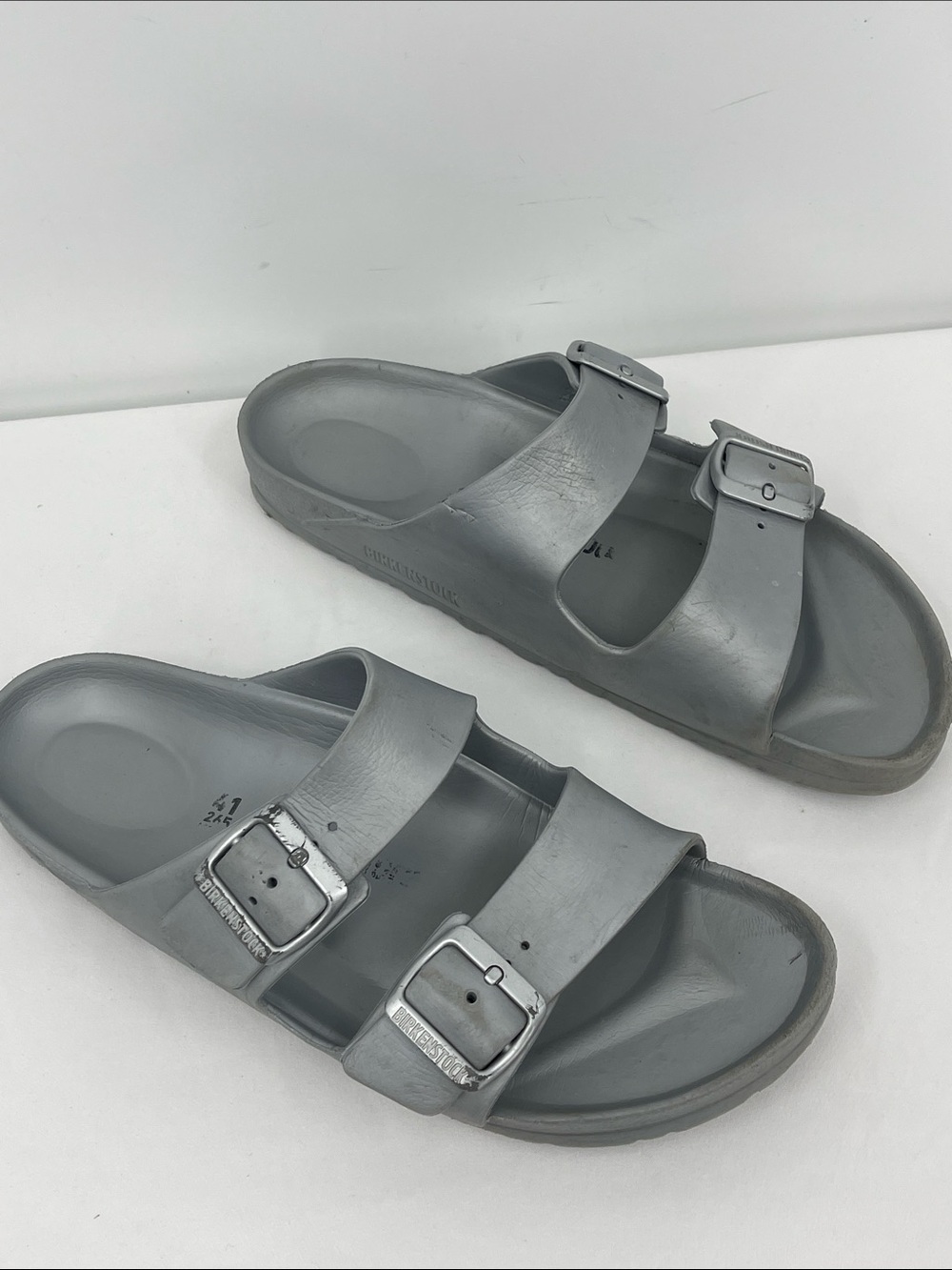 BIRKENSTOCK SIZE 41 Gray Two-Strap Slide Sandals with Buckles - WOMENS UNISEX